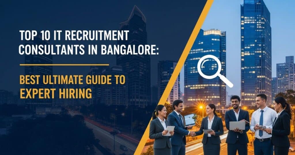Corporate team discussing hiring strategy with top IT recruitment consultants in Bangalore cityscape
