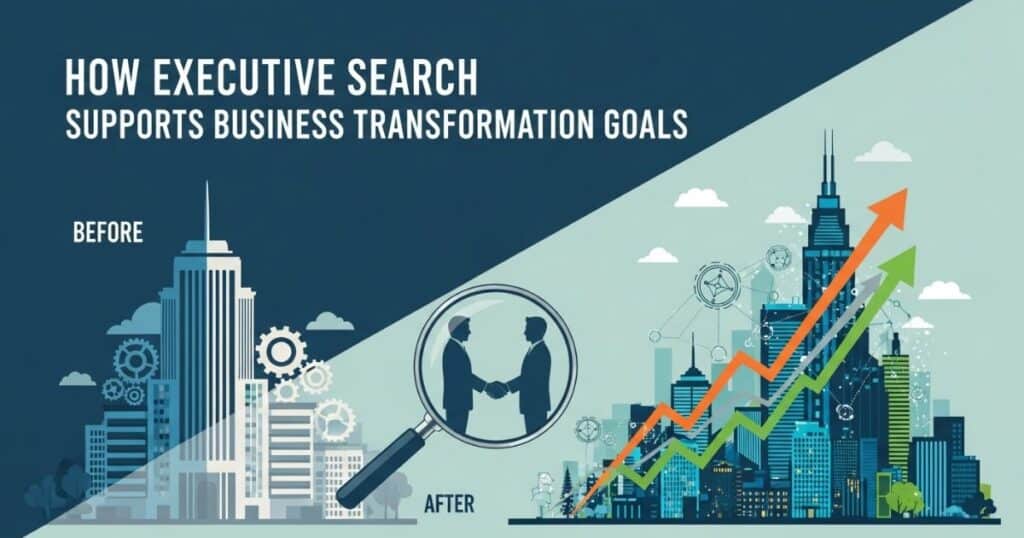 Executive Recruiter magnifying glass connecting leaders, leading to business growth and transformation.