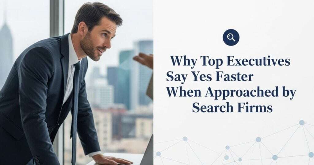 A professional executive in a suit reviewing a laptop, illustrating a successful placement by Executive Search Firms.