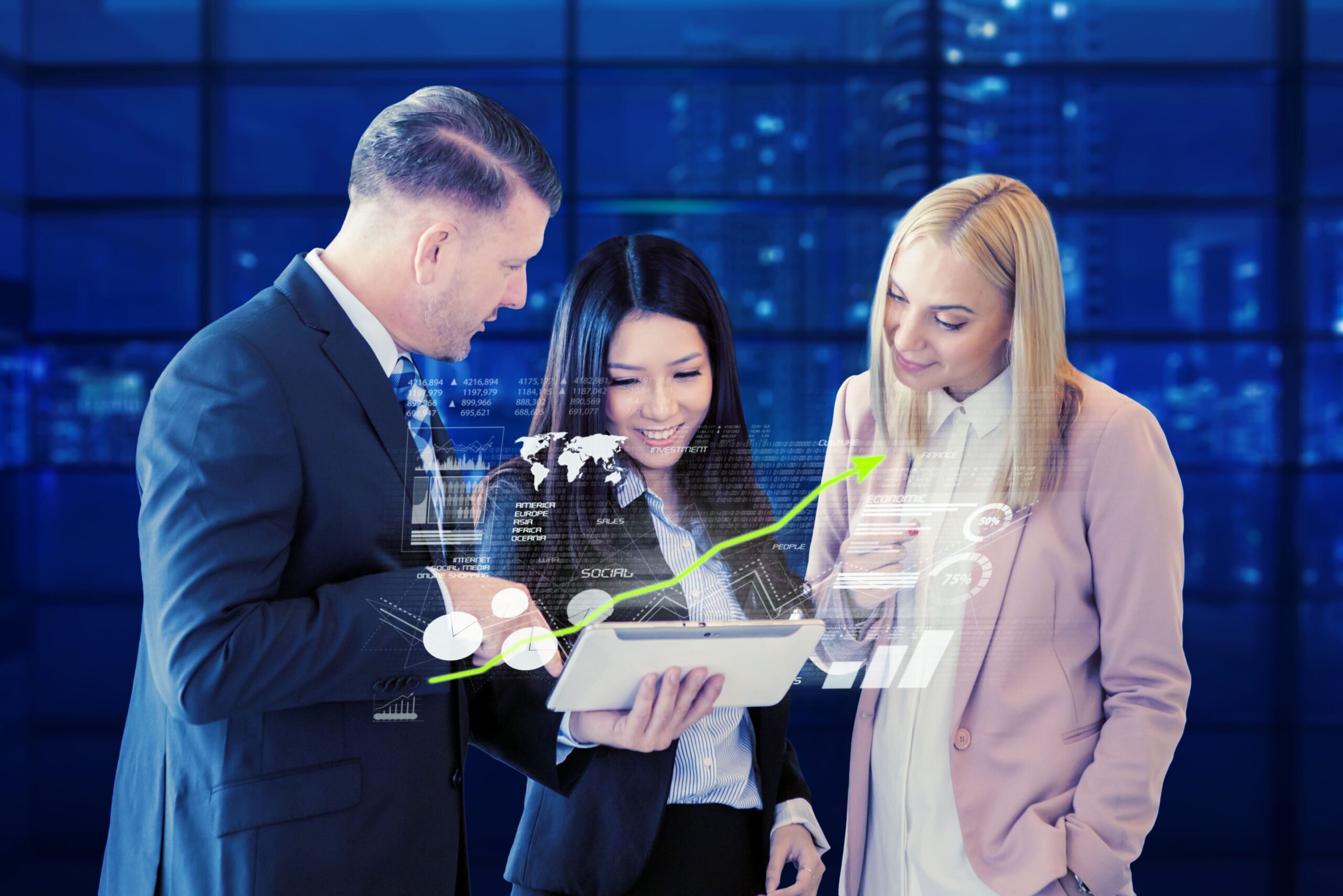 Team using a tablet with digital data visuals for Technology Executive Search, set against a city backdrop.