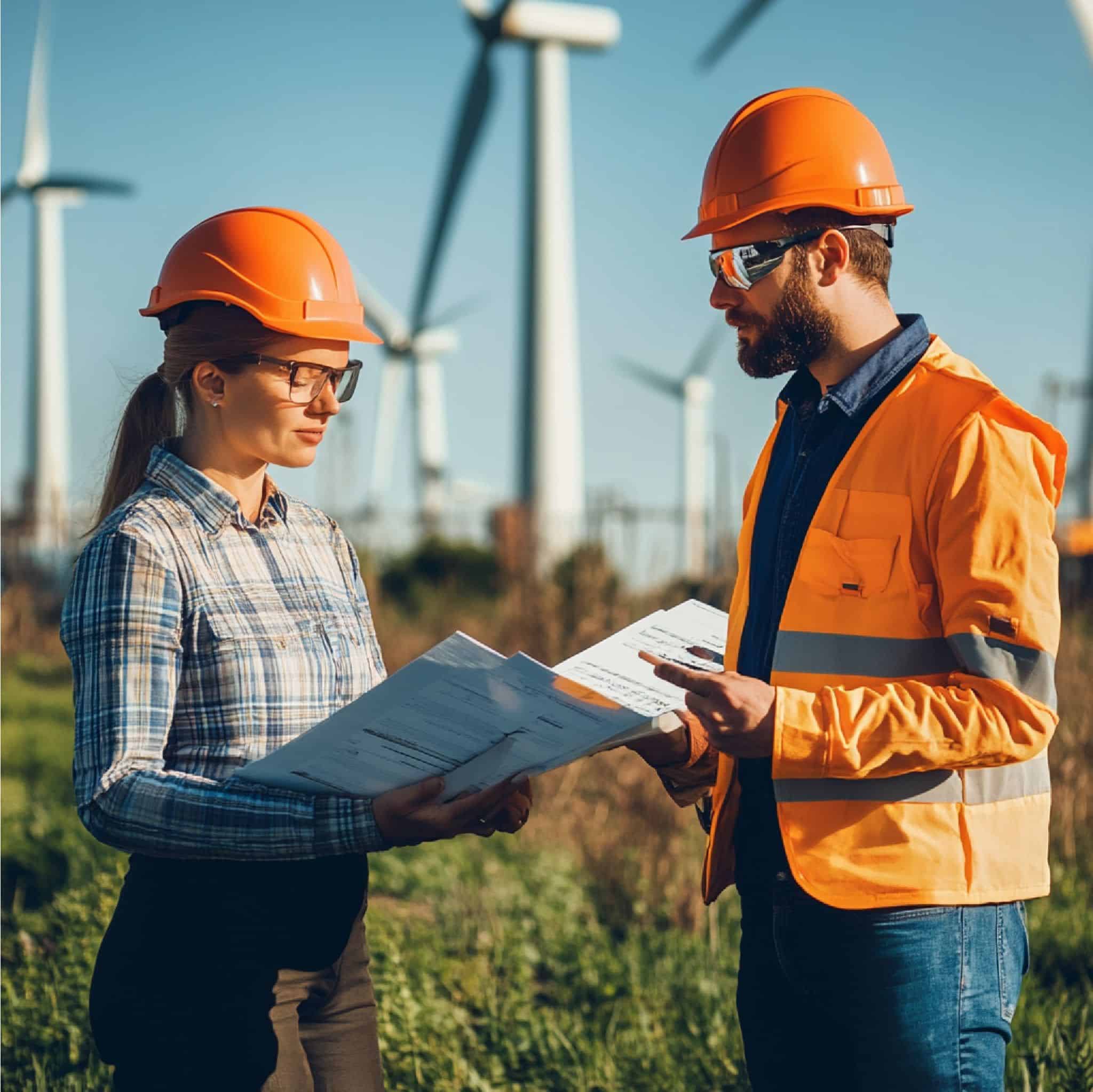 Two engineers with safety gear discuss plans on-site with wind turbines in the background