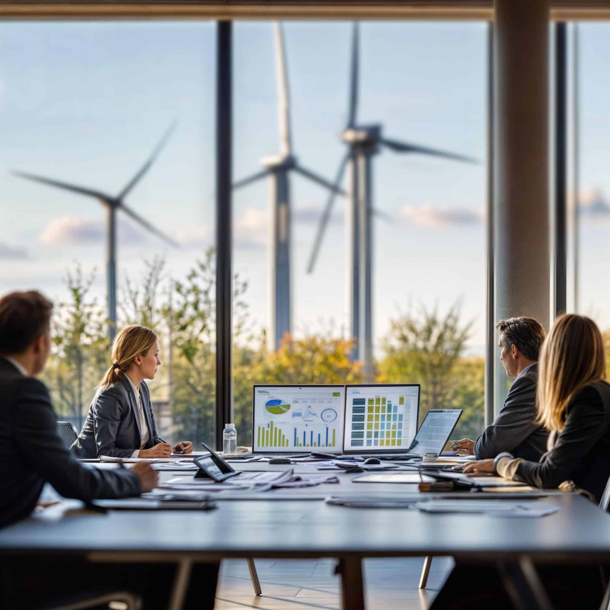 Executives in meeting room with wind turbines in view, focused on energy infrastructure strategy