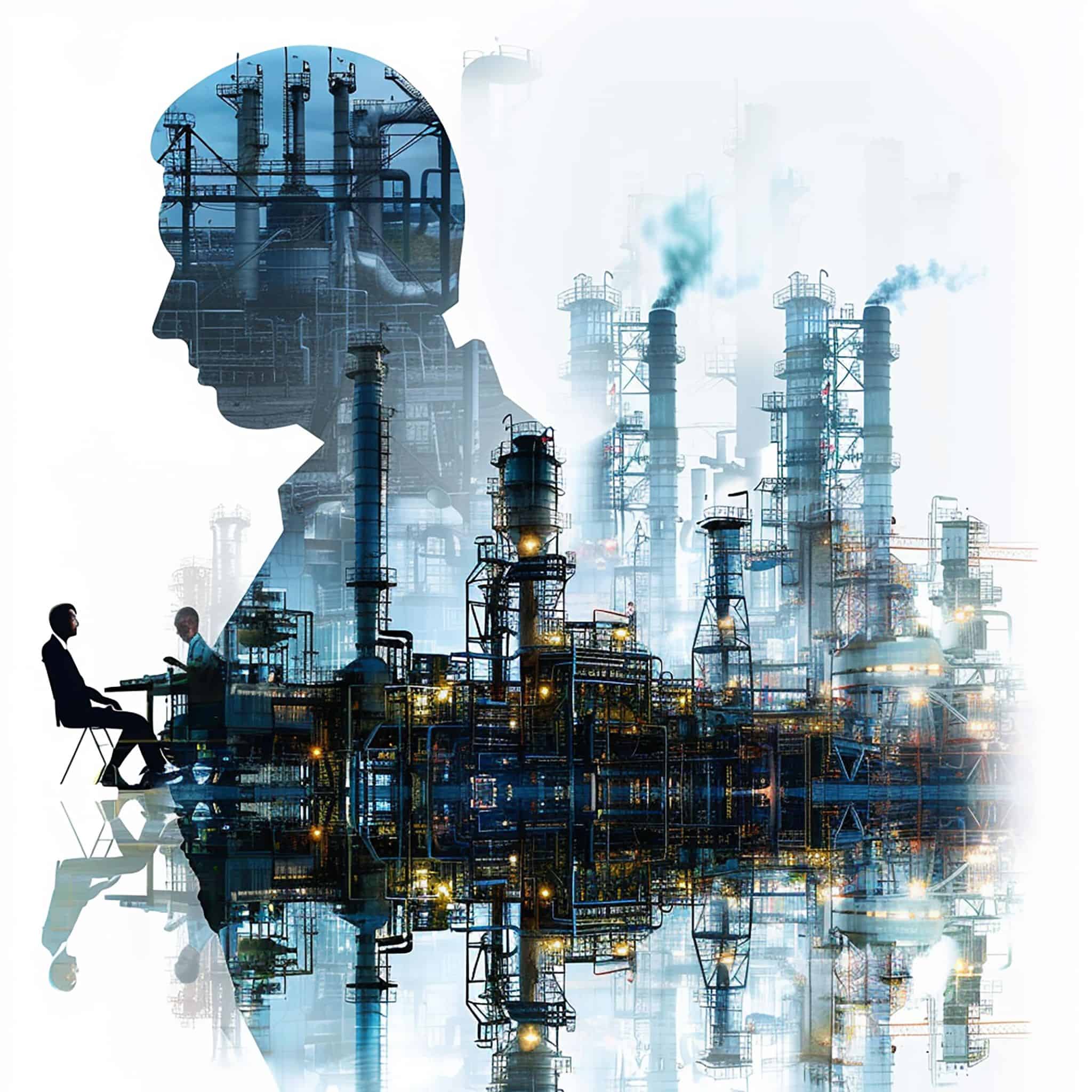 Double exposure of industry silhouette and refinery plant showing energy infrastructure leadership hiring