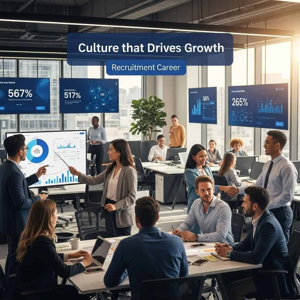 Modern recruitment team working in a data-driven office reflecting a culture that drives professional growth