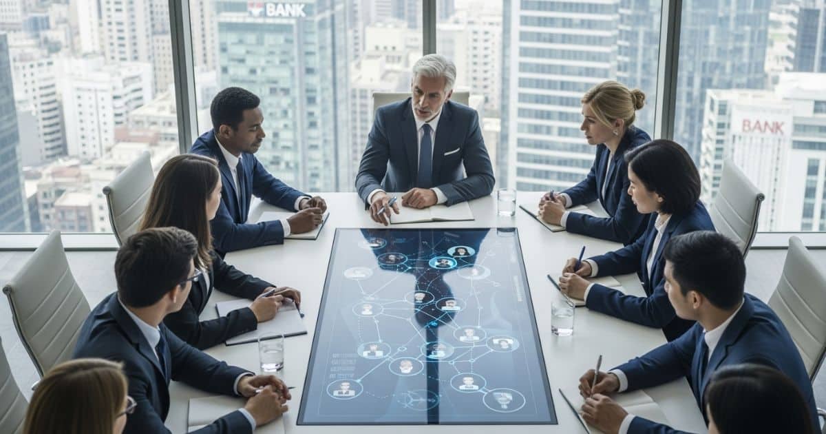 Executives discussing finance hiring strategies in a boardroom at a banking search firm in 2025