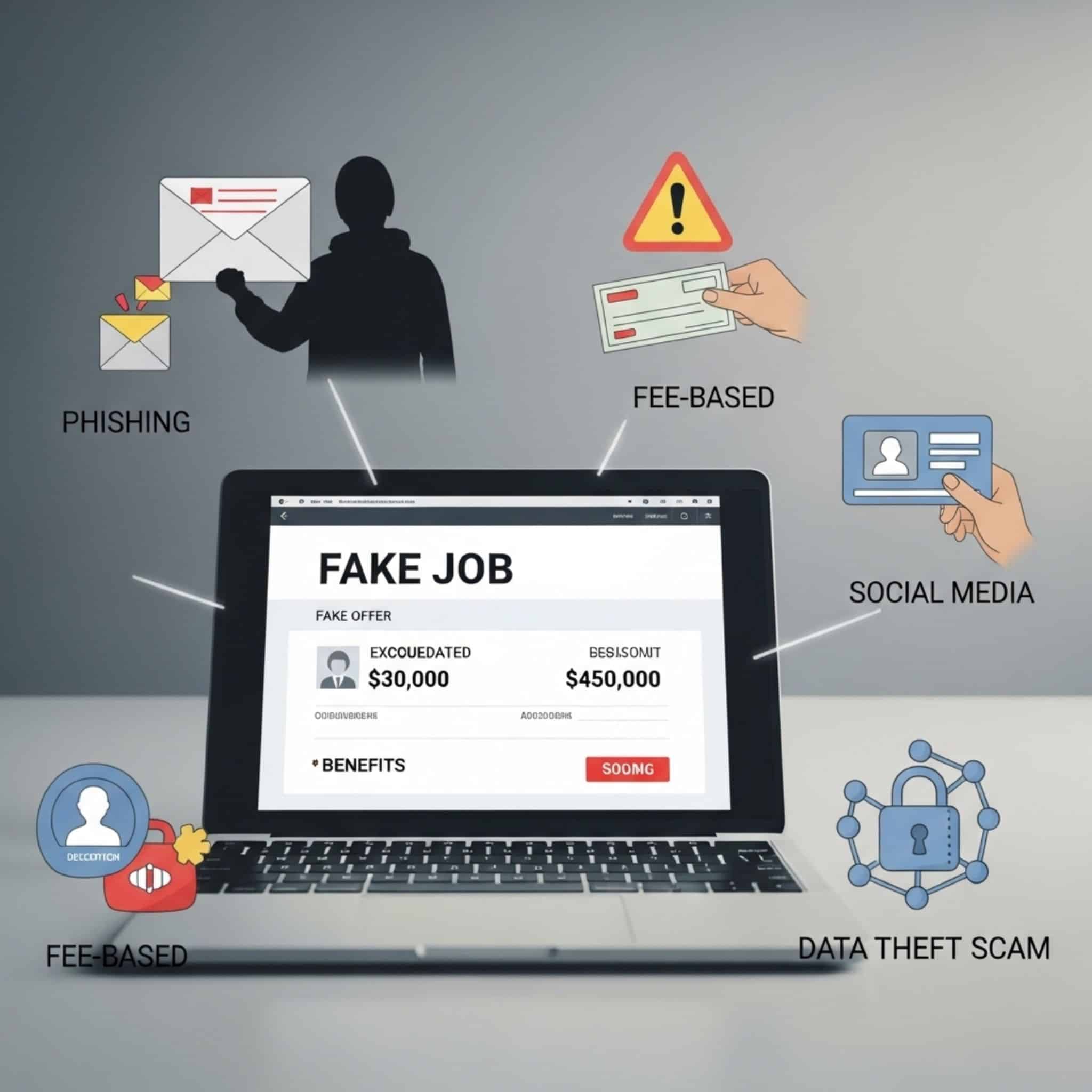 Laptop screen showing fake job offer with phishing, social media, and data scam icons around it.
