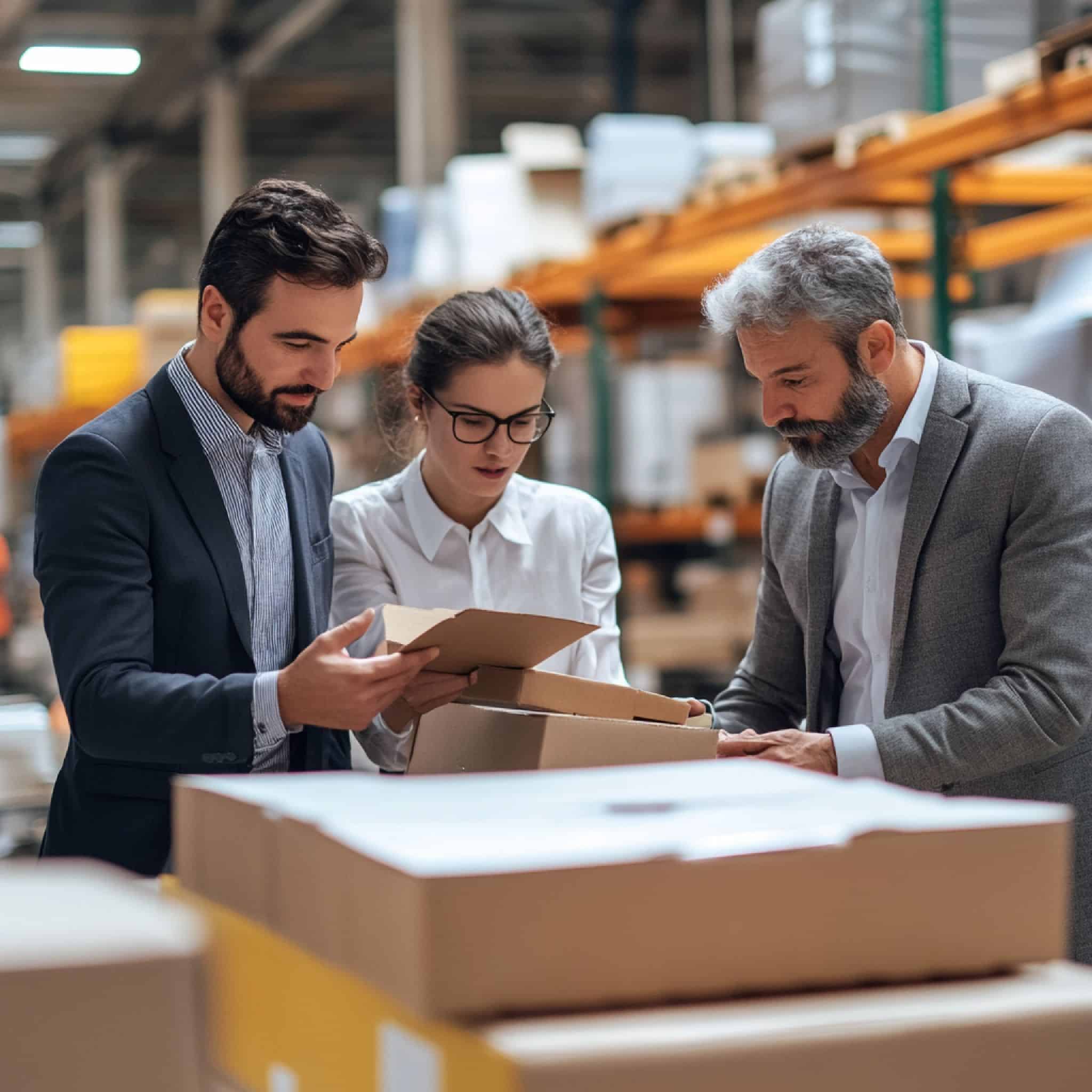 Three executives review documents in a logistics warehouse, placed by Supply Chain Executive Search Consultants.