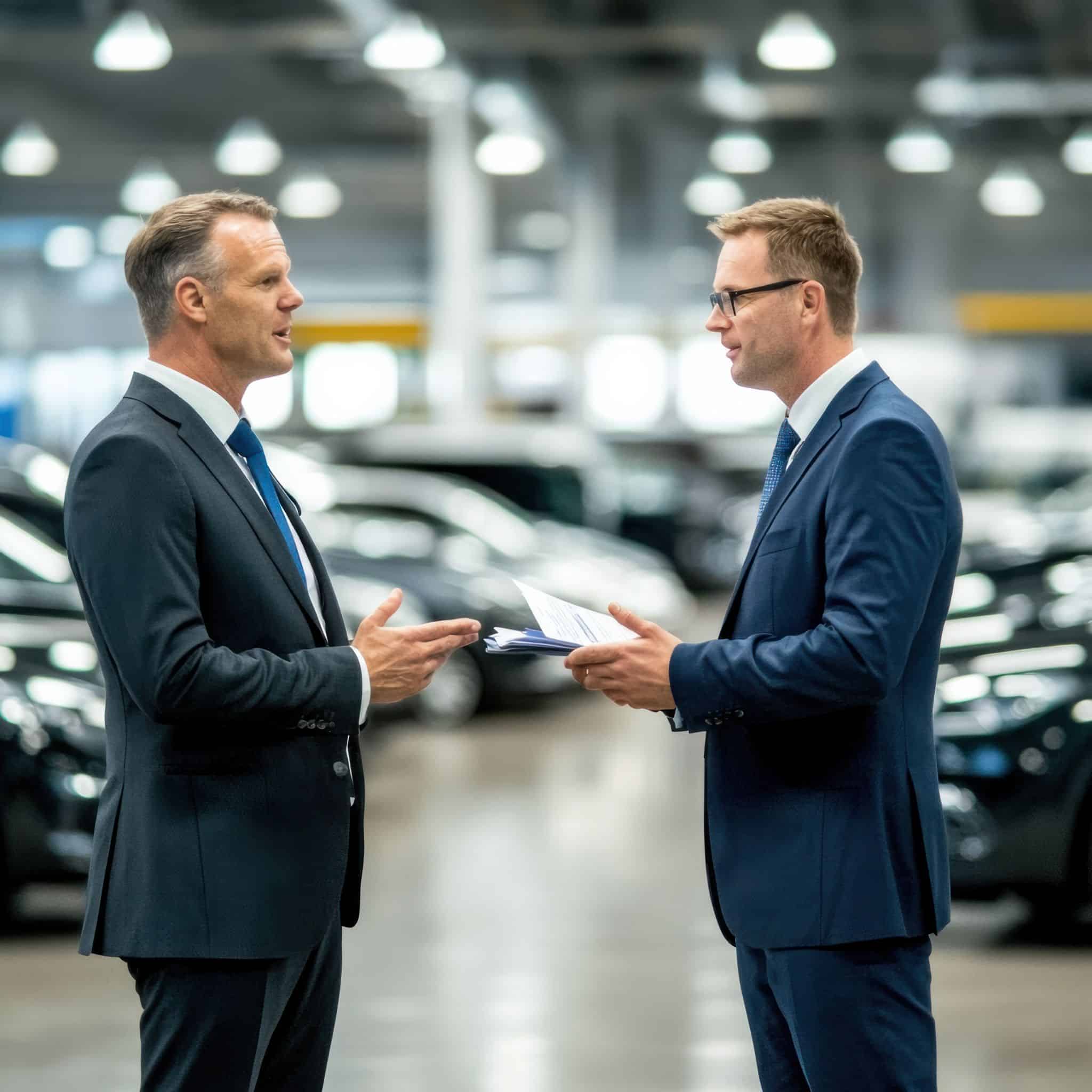 Two male Automobile and Auto Executive Search Consultants discussing documents in a car showroom.