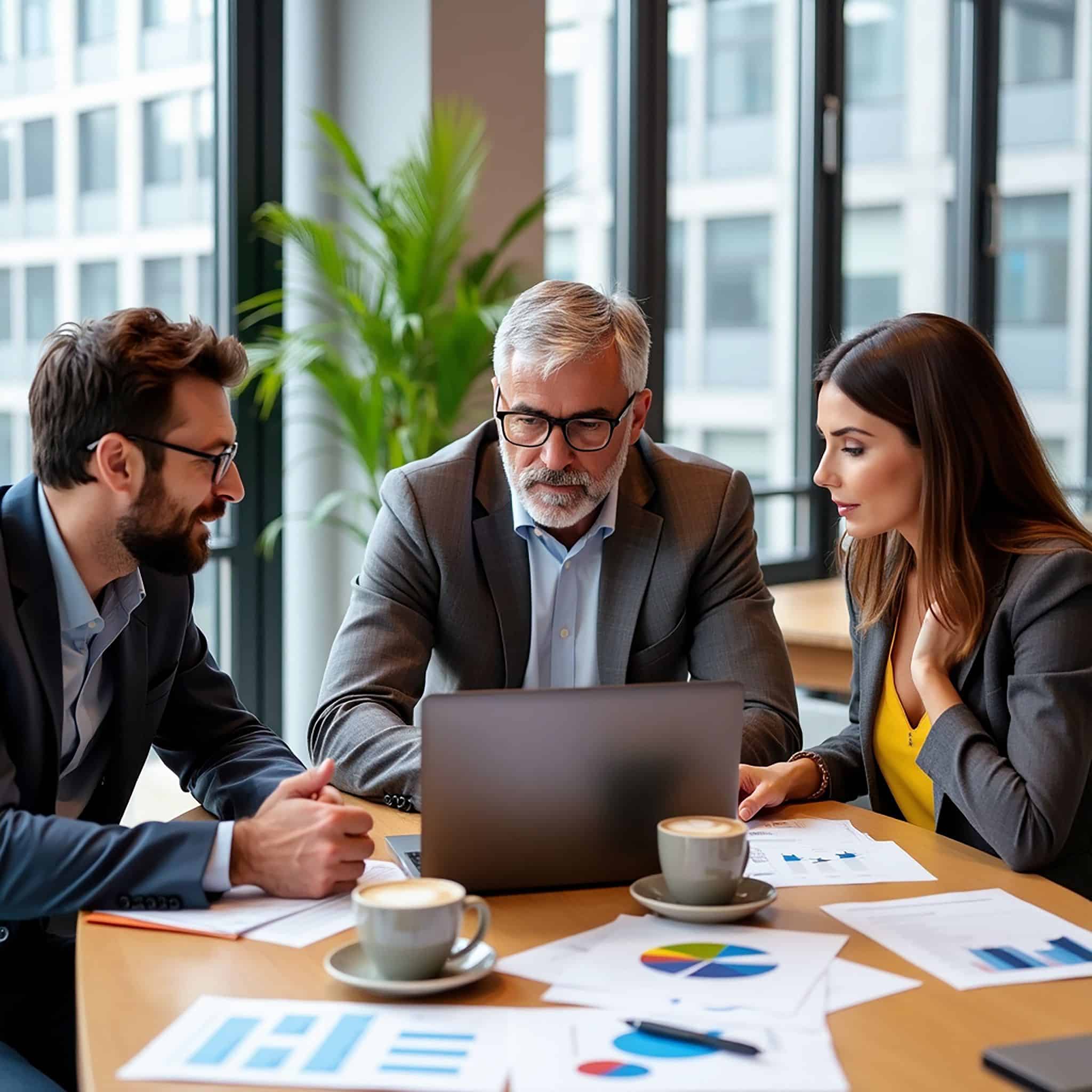 Development executive search consultants collaborating on a laptop with charts and reports.
