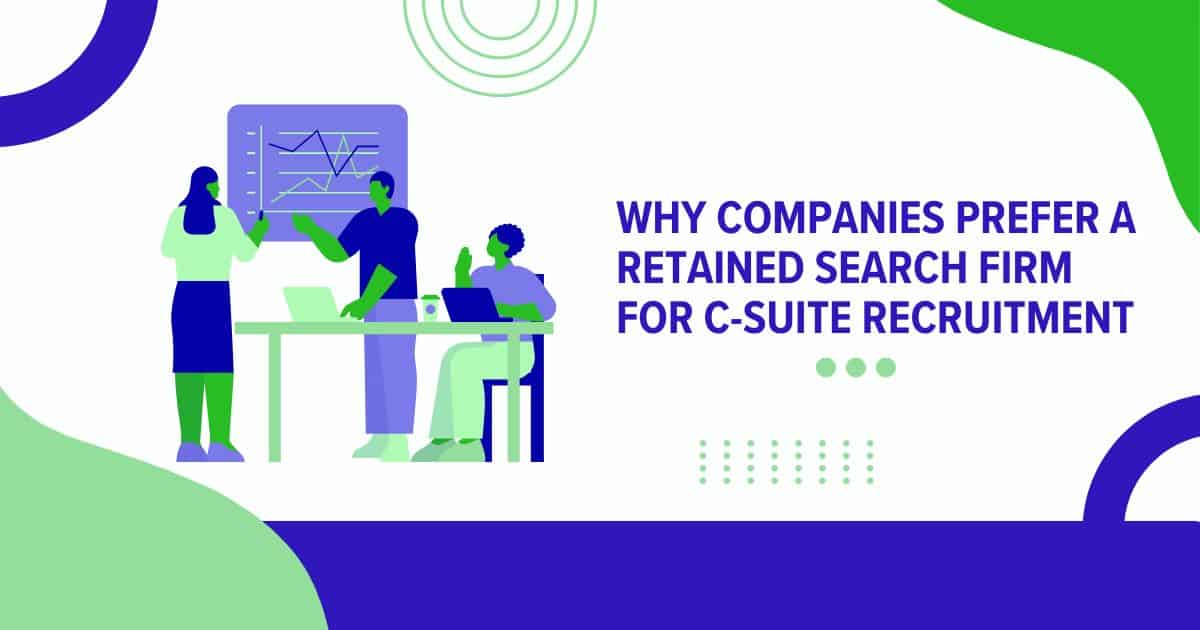 Illustration of executives in discussion explaining benefits of retained C-Suite Recruitment firms