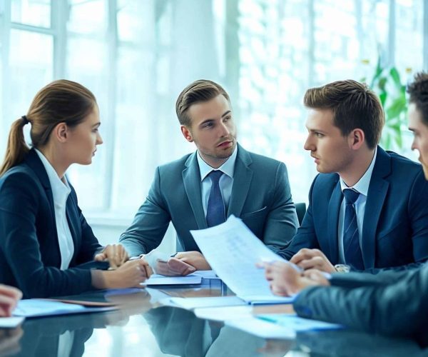 Business team discussing leadership hiring strategy for Power, Electrical & Electronics Executive Search