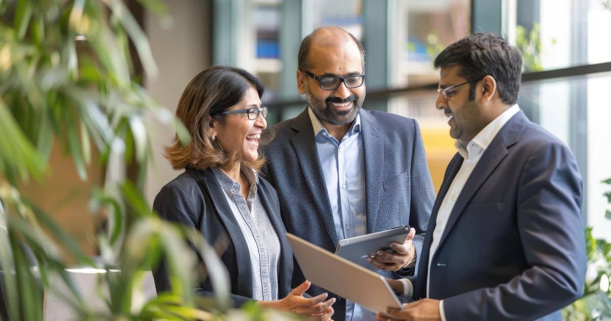 Group of business unit leaders in formal attire meeting in a bright office conference room.