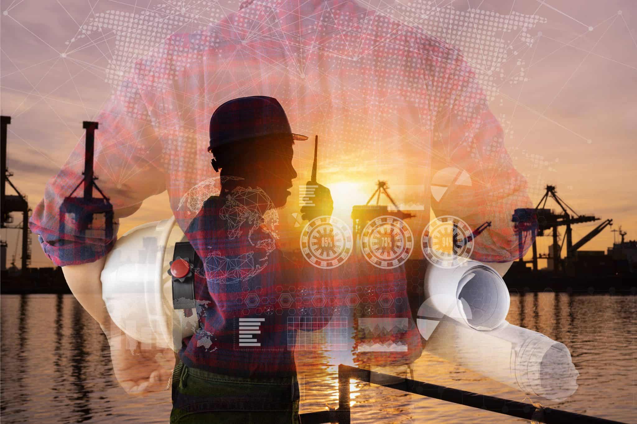 Silhouette of leader with tech overlays at port, symbolizing industrial executive search and global industrial leadership.