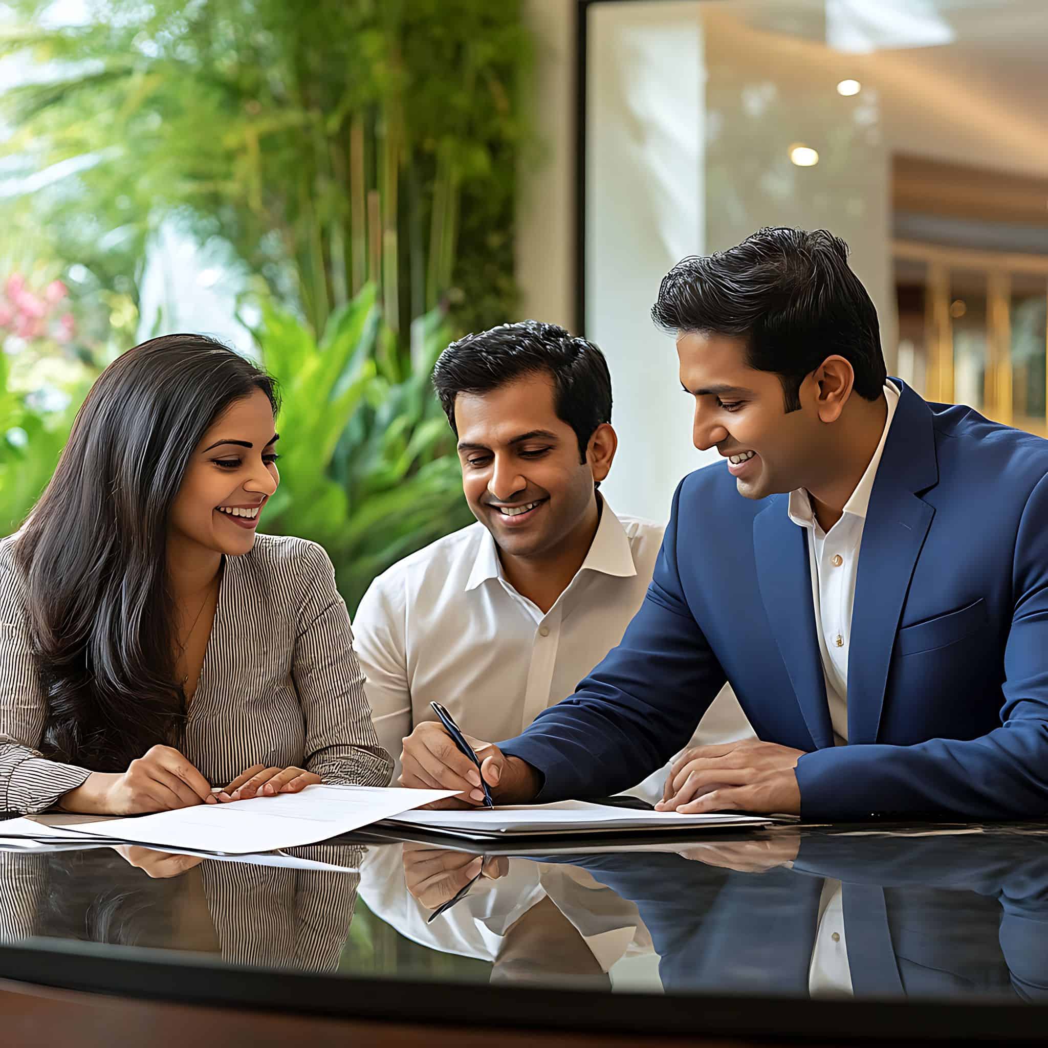 Professionals reviewing documents for real estate and construction, highlighting executive search expertise in a stylish office.