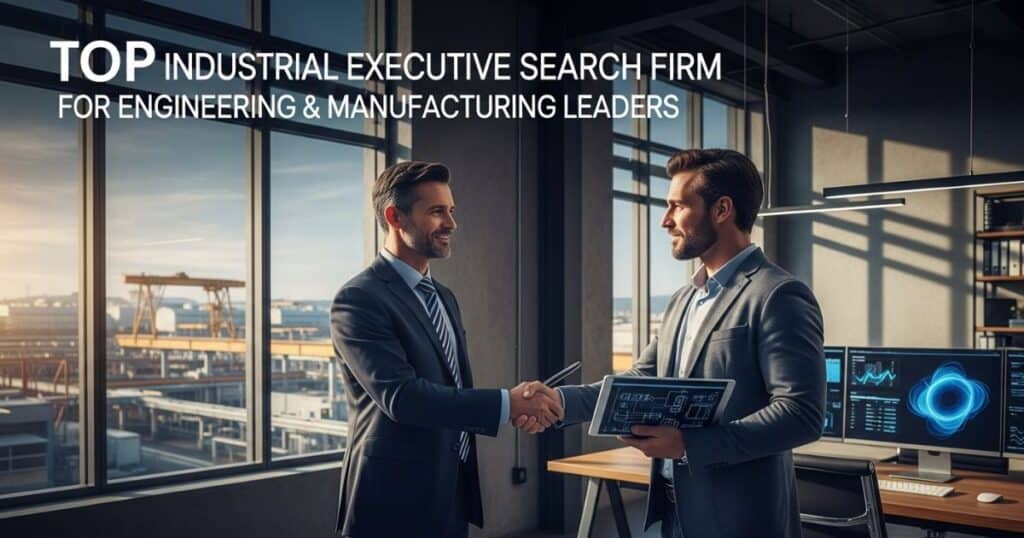 Two business professionals shaking hands at a top industrial executive search firm office setting