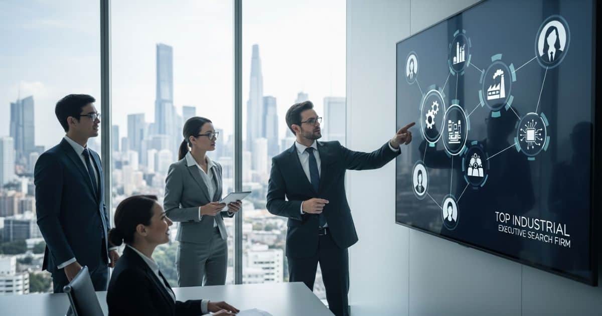 Business team analyzing digital hiring strategy at a top industrial executive search firm office