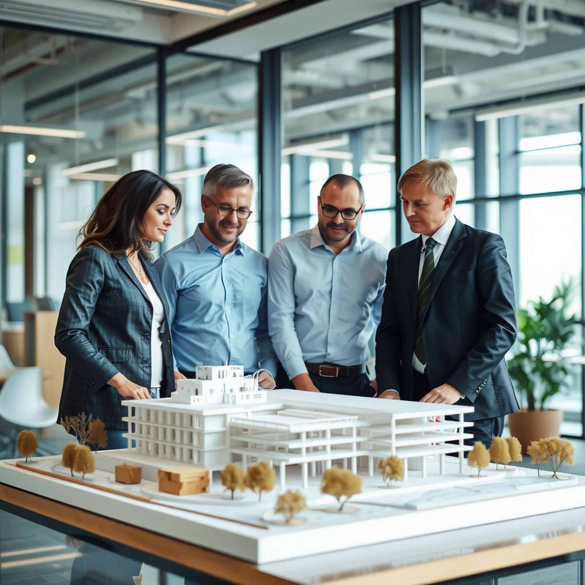 Team analyzing a real estate construction model, highlighting executive search skills in a contemporary office.