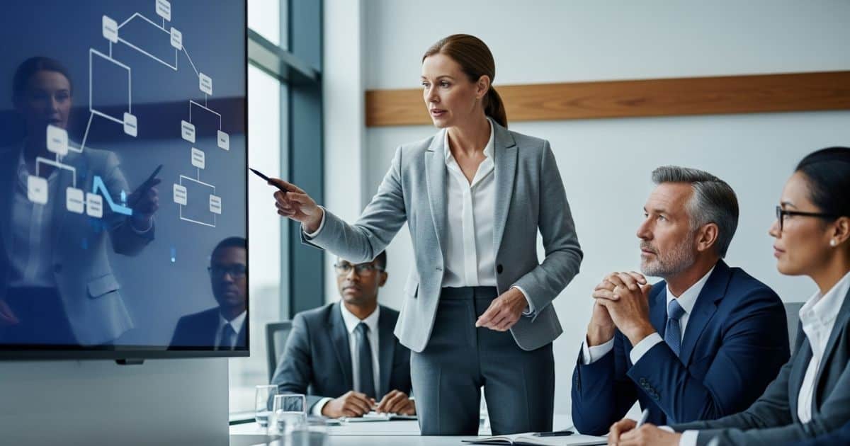 AI-Driven Executive Search process with professionals analyzing data to improve leadership hiring.