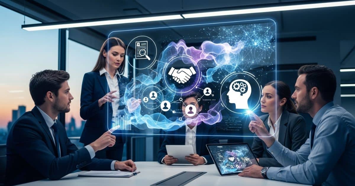 Team meeting with digital tools enhancing recruitment and executive hiring for future-ready leadership