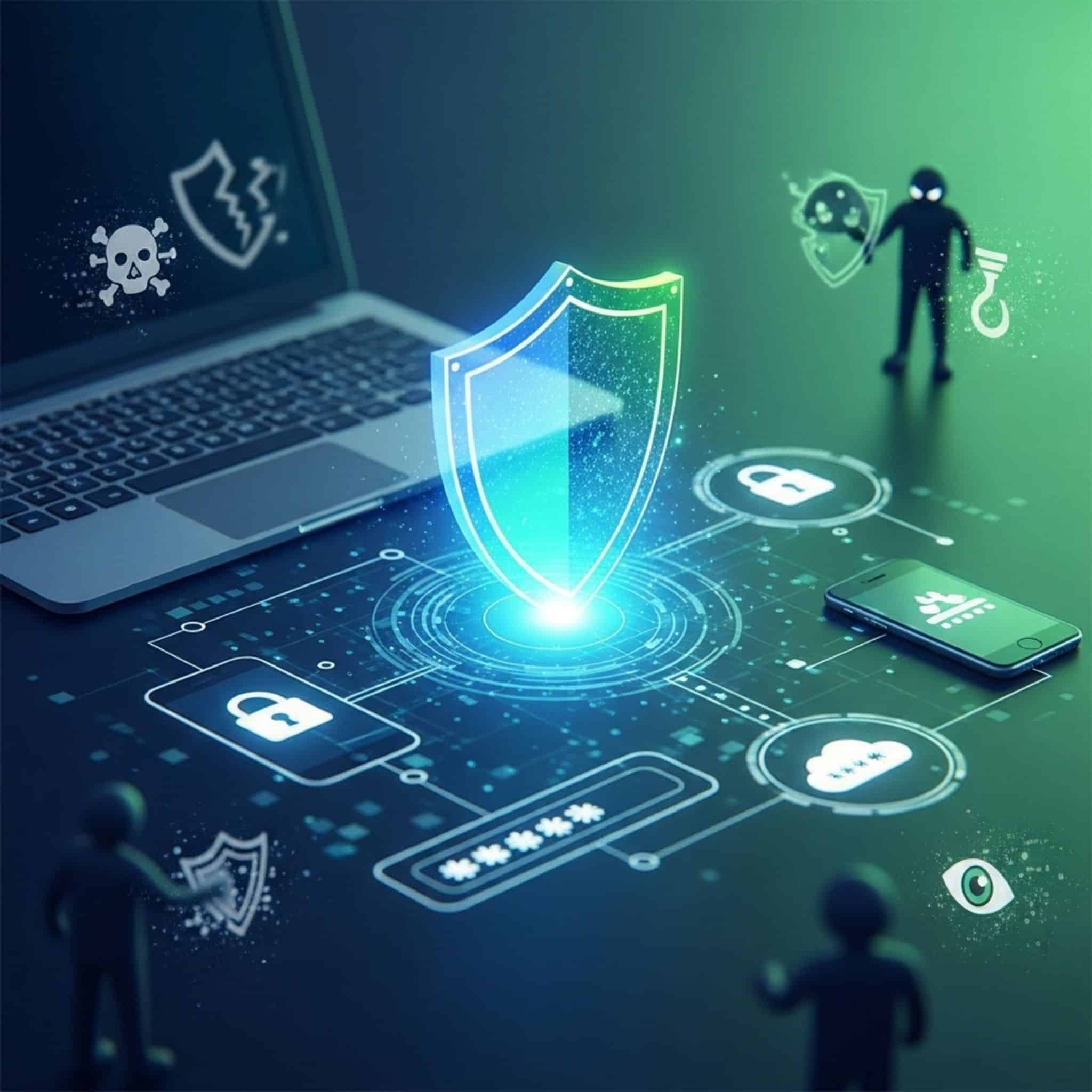 Digital shield protecting personal data near laptop and phone, showing how to protect personal info online.