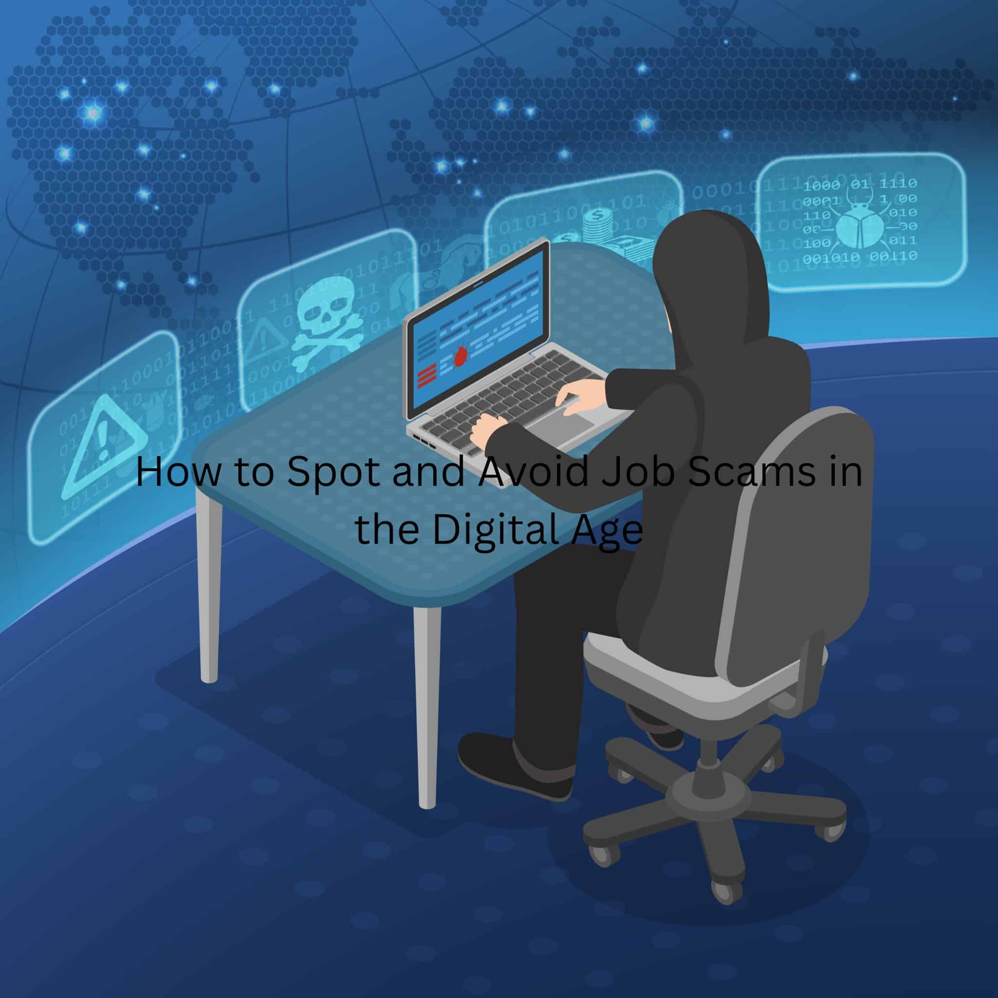 Illustration of a scammer on a laptop showing job scam alerts in the digital age with security icons.