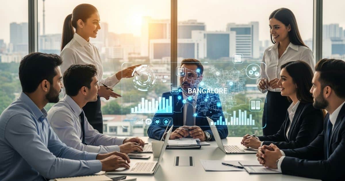 Team meeting with IT recruitment consultants in Bangalore discussing digital hiring strategy and planning