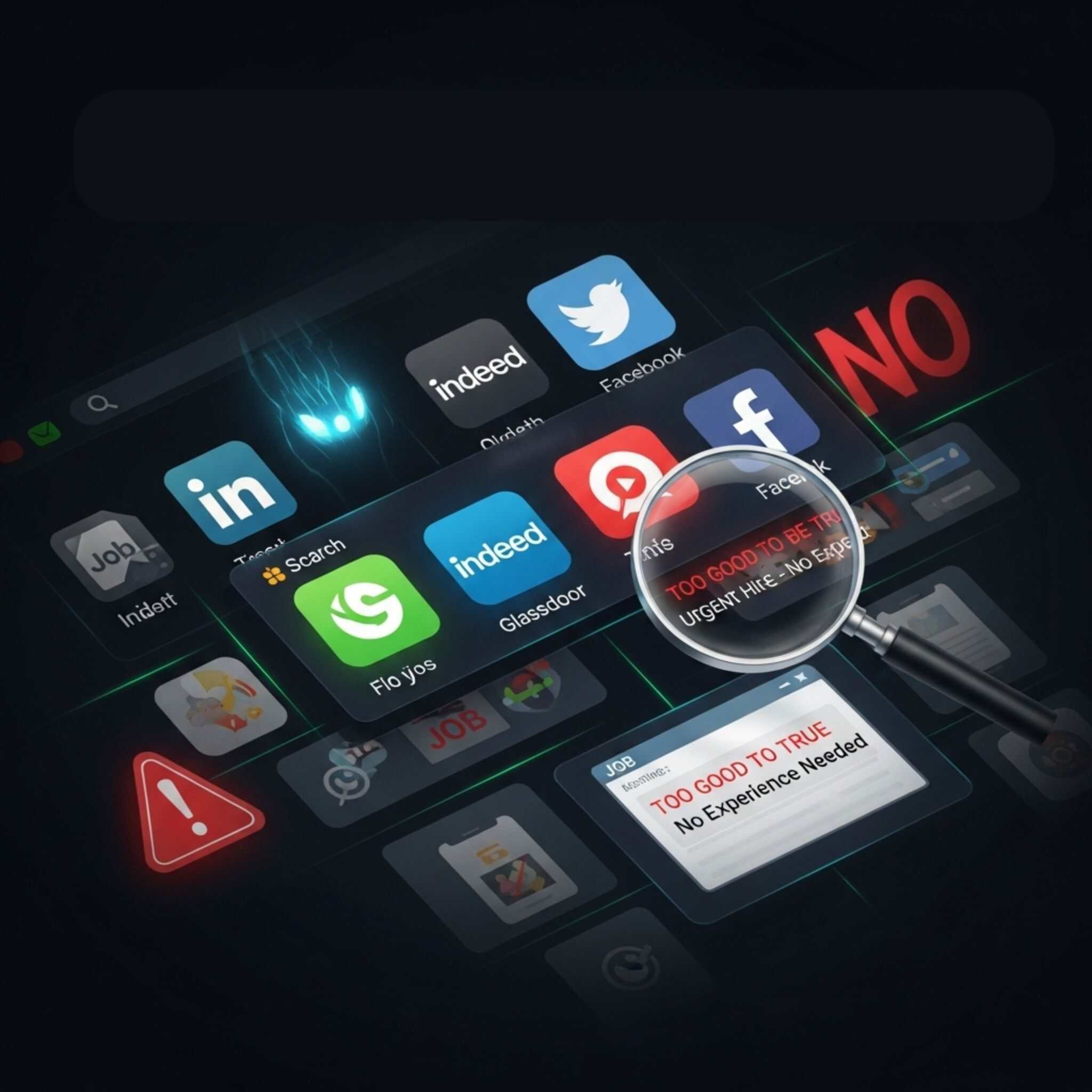 Magnifying glass over job apps showing fake offers on platforms where recruitment scams are common.
