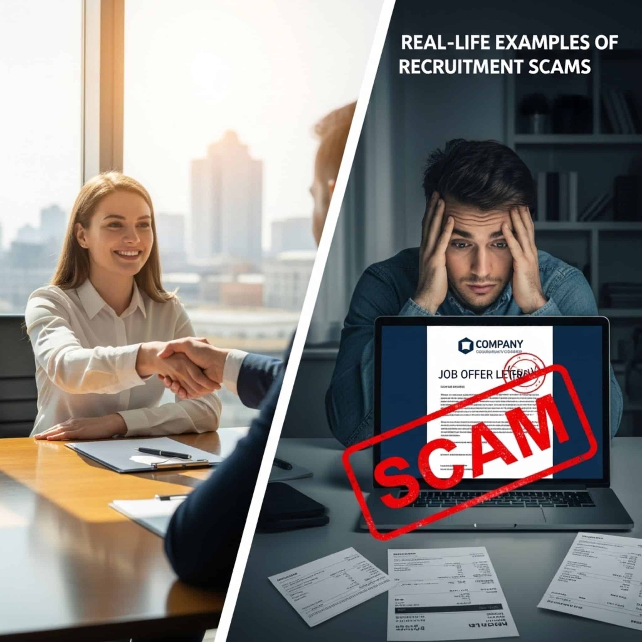 Split image showing handshake on left and fake job scam letter on right with stressed job seeker.