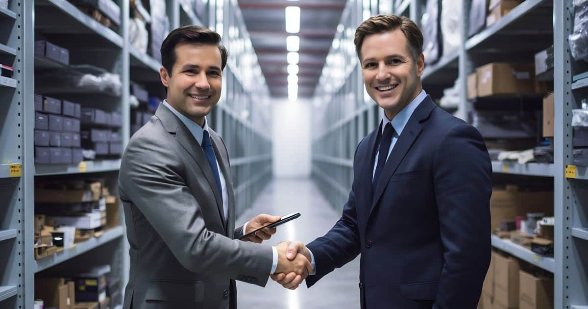 Two executives shake hands in a warehouse aisle after choosing the right partner for long-term success.