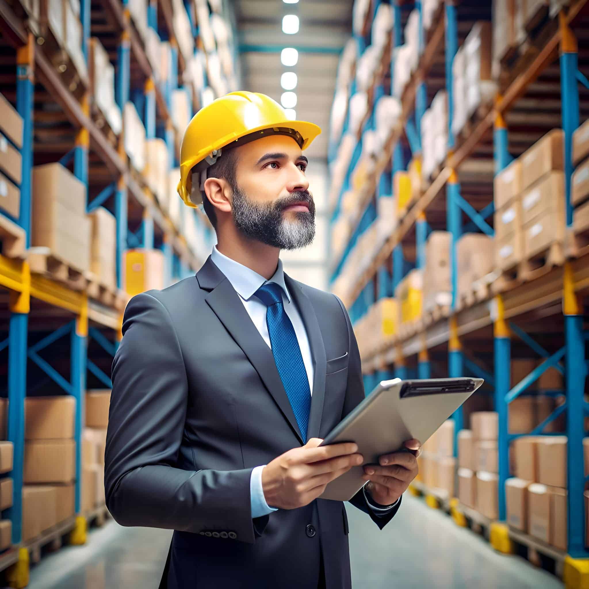 Executive in a hard hat reviewing inventory in a warehouse, showing specialized Logistics Leadership Hiring.