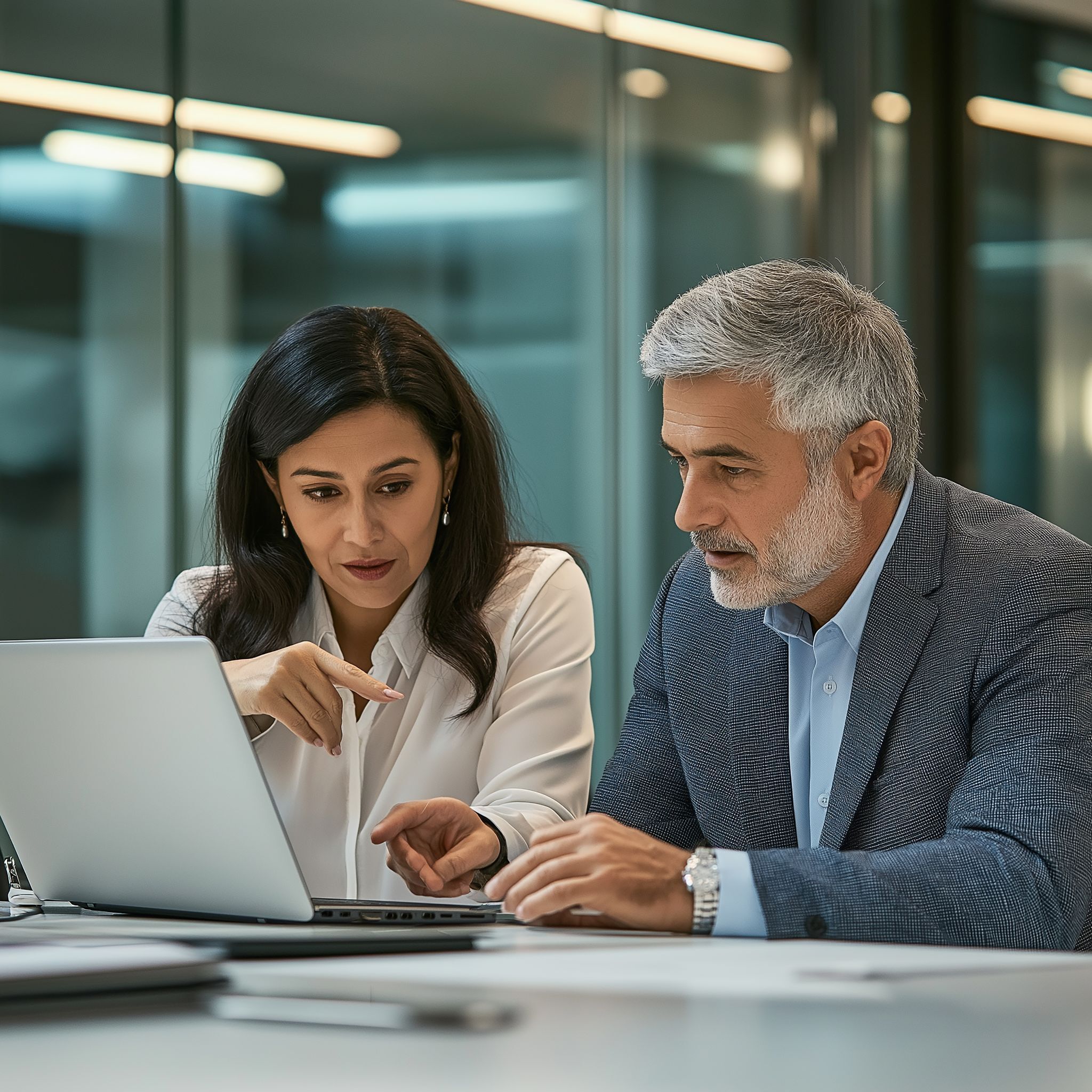 A male and female E-commerce Executive Search Consultant working together intently on a laptop in an office.