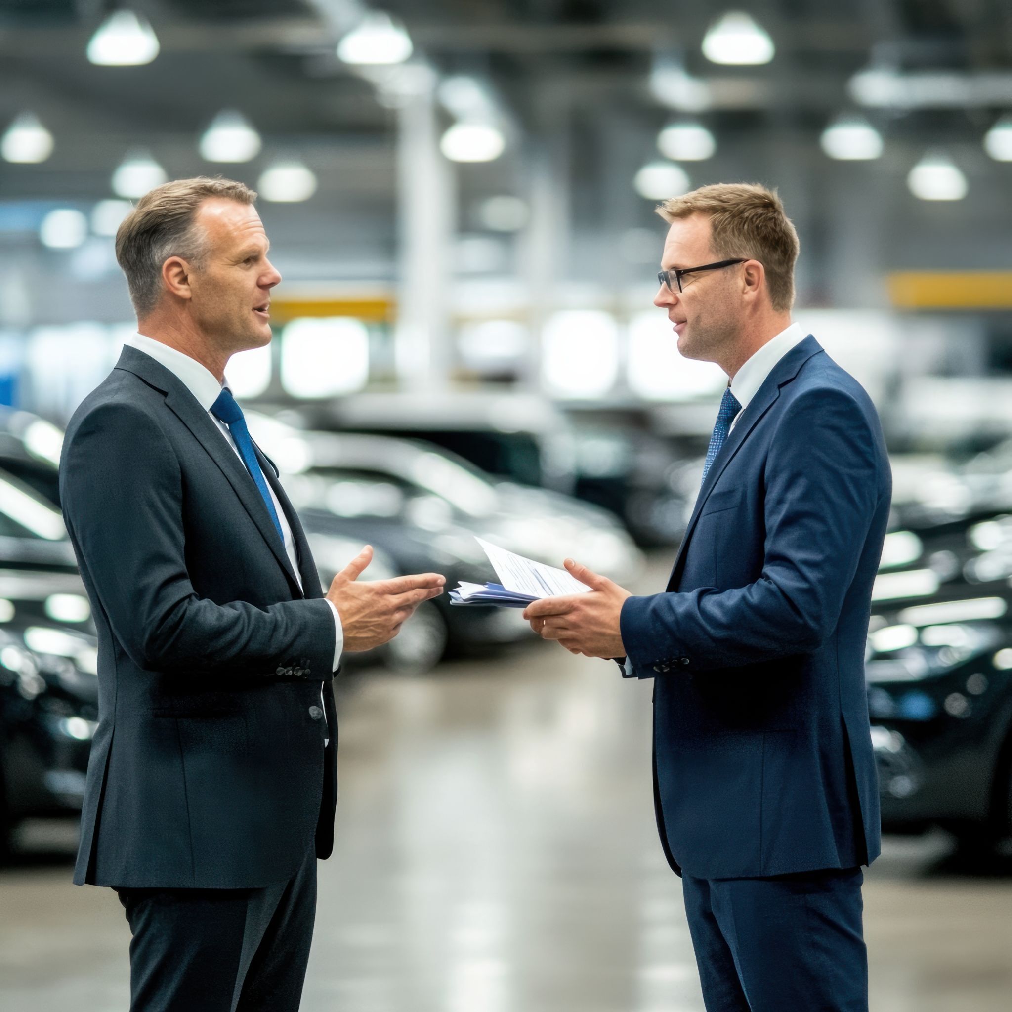 Two male Automobile and Auto Executive Search Consultants discussing documents in a car showroom.