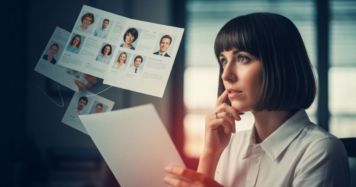 Executive Recruiter reviewing candidate profiles and resumes to select skilled professionals for senior roles