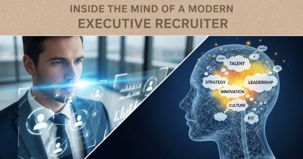Executive Recruiter analyzing talent data and leadership strategy concepts in a digital workspace