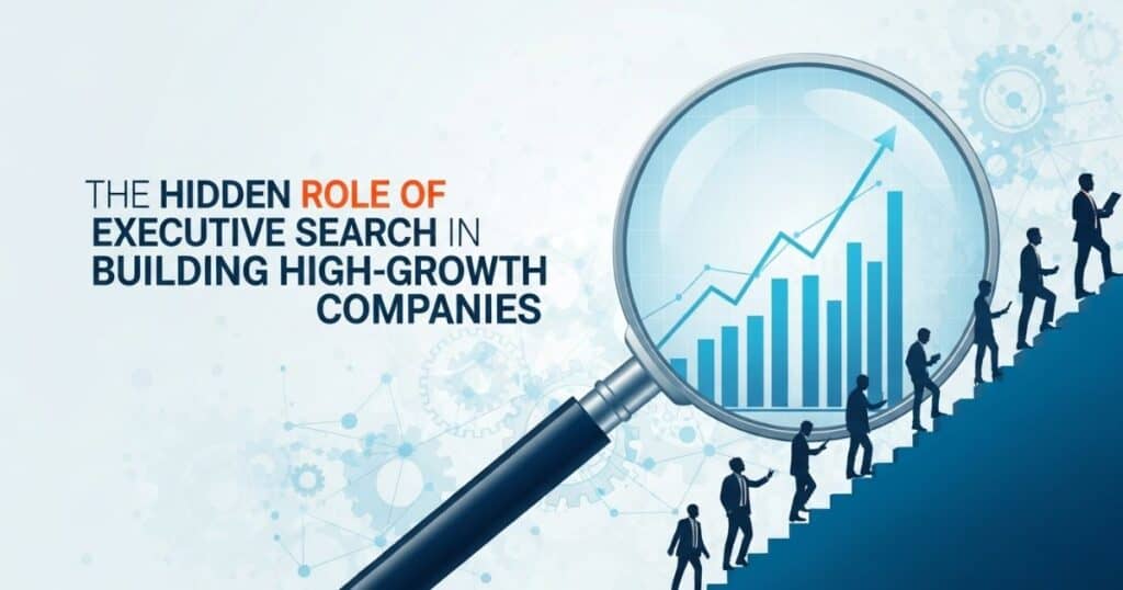 Magnifying glass over a growth chart and business leaders climbing a stair-step graph; illustrating the strategic role of Executive Search.