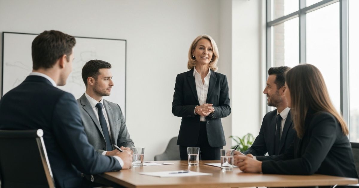 Female executive leading a meeting with four colleagues, symbolizing effective leadership and focused Executive Search.