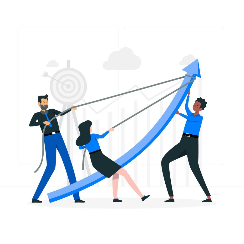 Team lifting upward arrow, representing growth by an executive search firm in Hyderabad with a target background.