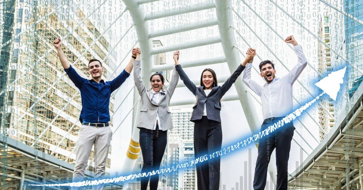 Business team raising hands in victory after achieving faster leadership hiring with expert recruiters