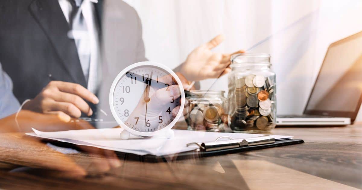 Clock, coins, and documents representing how startups save time and money via recruitment agencies