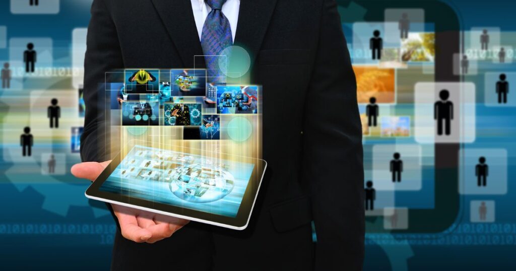 Businessman showcasing executive search industry-specific hiring trends with digital tablet visuals