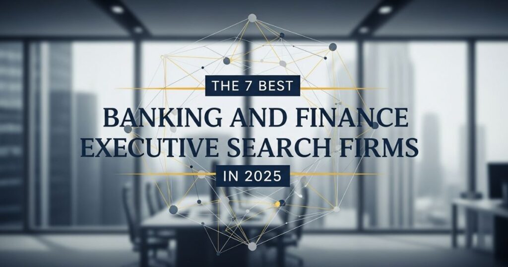 Modern office background with text highlighting the best banking and finance executive search firms in 2025