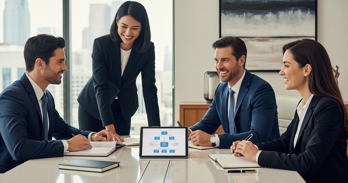 Business team in meeting discussing leadership strategy with trusted C-Suite Hiring Solutions.