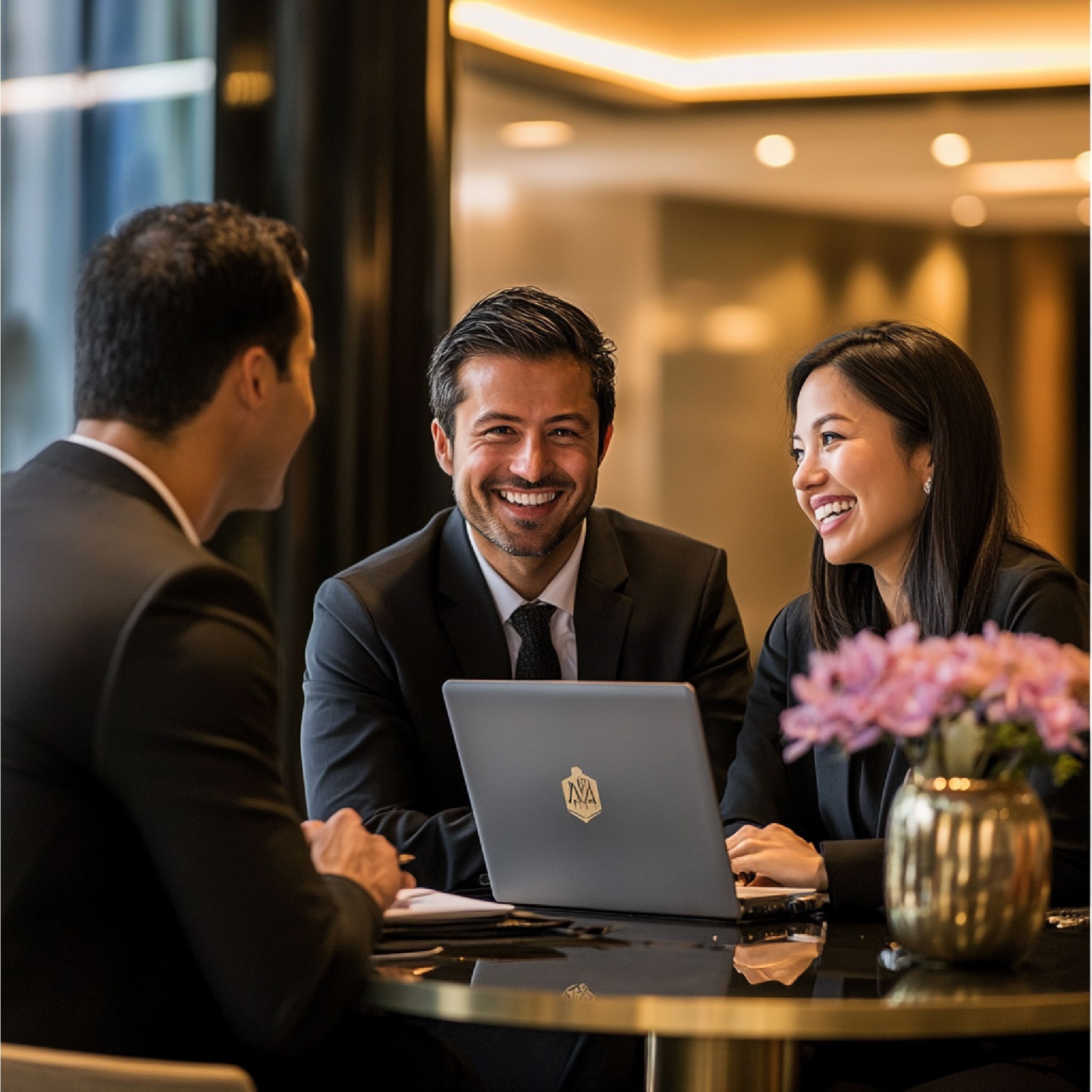 Three smiling business people meet to discuss how to choose the right executive search consultant.