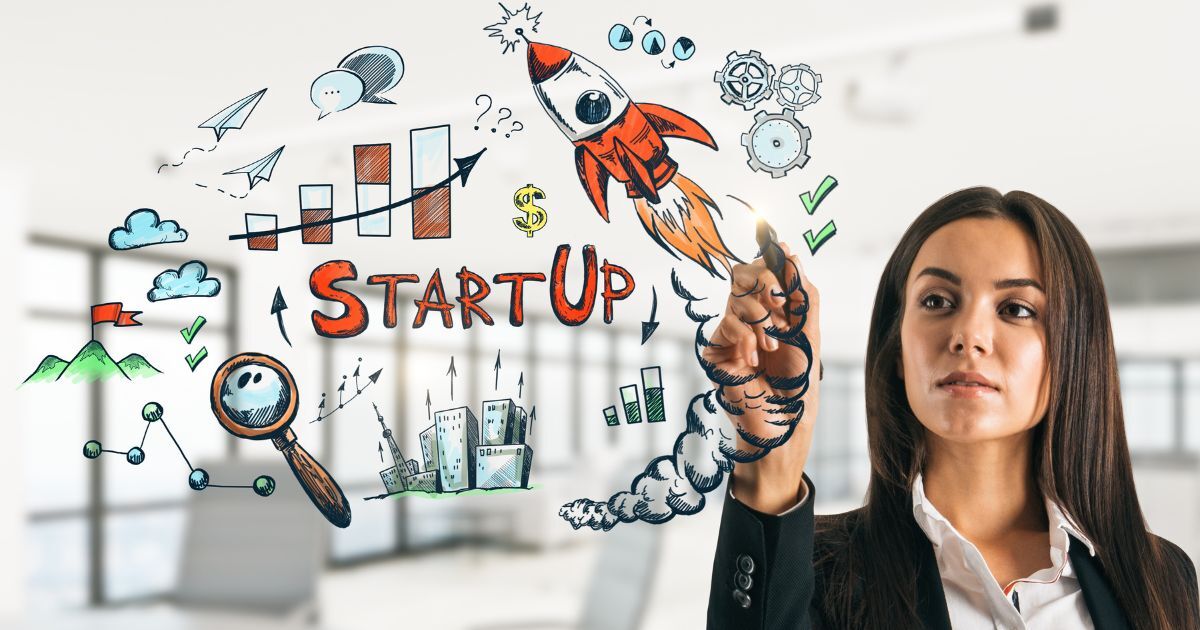 A female leader drawing a startup growth chart with a rocket, showing why leadership matters for startups and scale-ups.