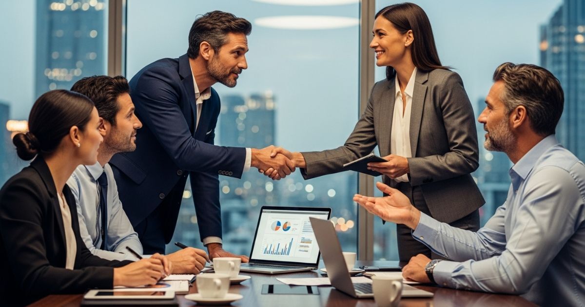 Two business executives shaking hands at a meeting after a hire finalized by Executive Search Firms.